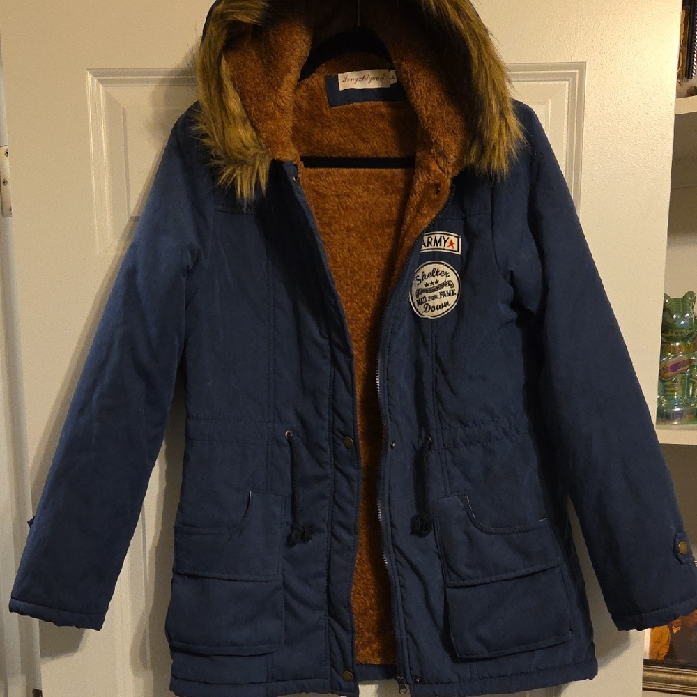 Women's Blue Hooded Jacket with Faux Fur Lining Lg